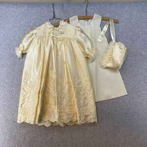 Madonna Hadad 4 Piece Christening Gown With Bonnet Dress Slip & Wrap Embroidered